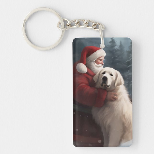 Great Pyrenees With Santa Claus Festive Christmas Keychain (Front)