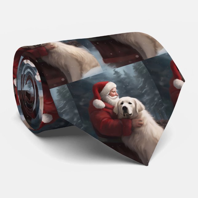 Great Pyrenees With Santa Claus Festive Christmas Neck Tie (Rolled)