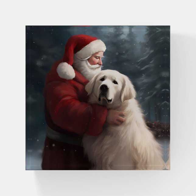 Great Pyrenees With Santa Claus Festive Christmas Paperweight (Front)