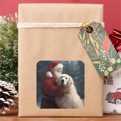 Great Pyrenees With Santa Claus Festive Christmas Square Sticker