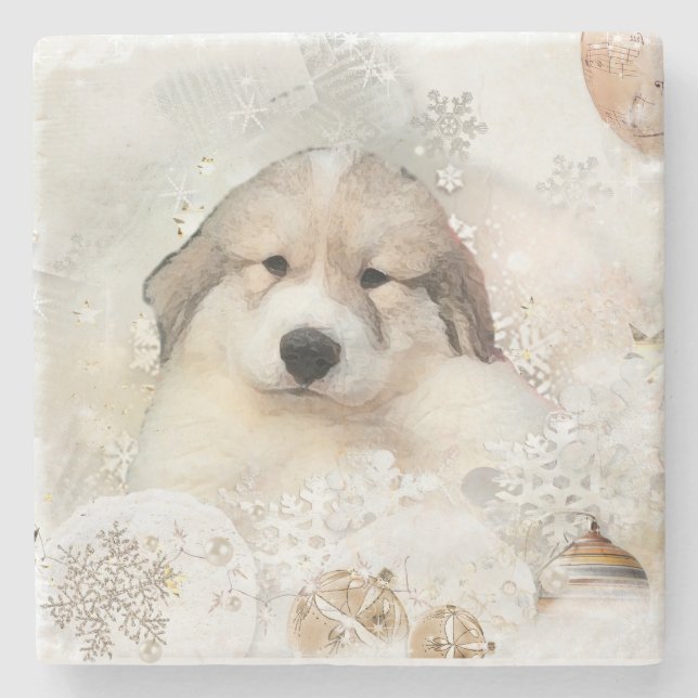 Great Pyrnees Watercolor Puppy Stone Coaster (Front)