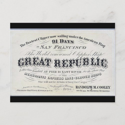 Great Republic Clipper sailing ship 1900 Postcard