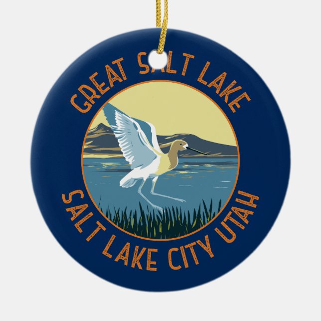 Great Salt Lake American Avocet Retro Distressed Ceramic Ornament (Front)