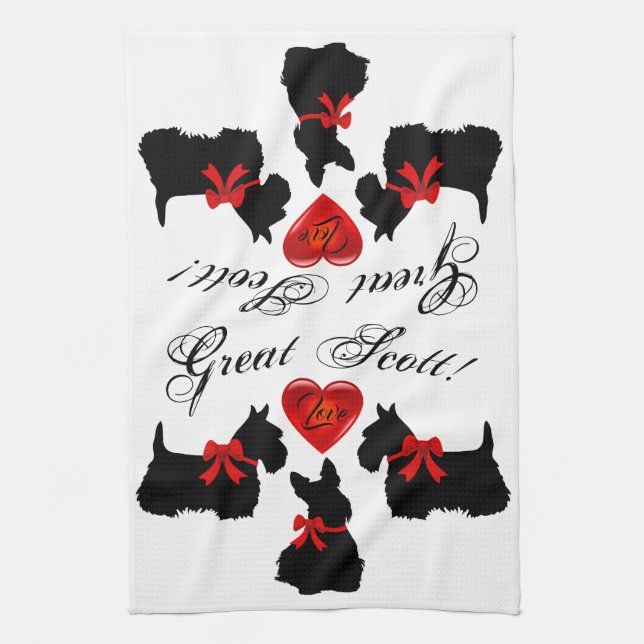 "Great Scott !",Scottish Terrier/red love heart Kitchen Towel (Vertical)
