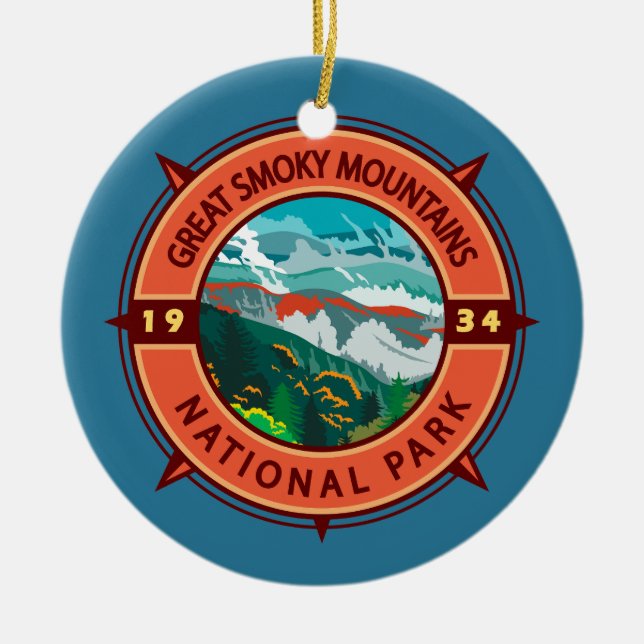 Great Smoky Mountains National Park Retro Compass Ceramic Ornament (Front)