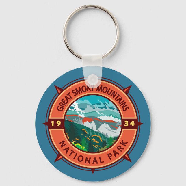 Great Smoky Mountains National Park Retro Compass Keychain (Front)