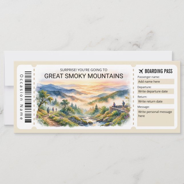 Great Smoky Mountains Trip Boarding Pass Ticket Invitation (Front)