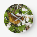 Great Spangled Fritillary on Mountain Laurel Round Clock