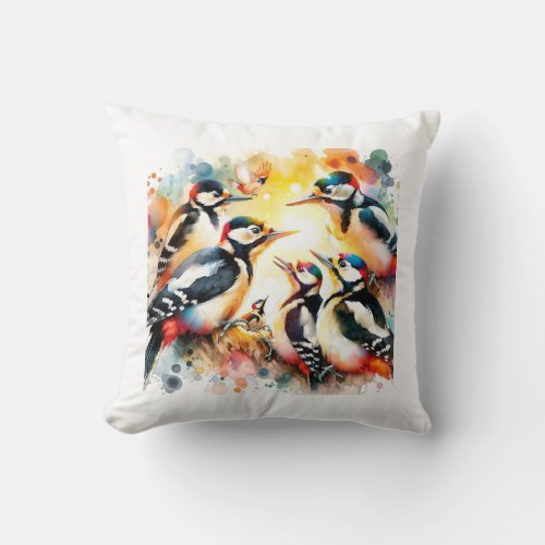 Great Spotted Woodpecker Family 050624AREF106 _ Wa Throw Pillow