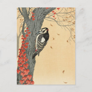 Great Spotted Woodpecker in Tree with Red Ivy Postcard