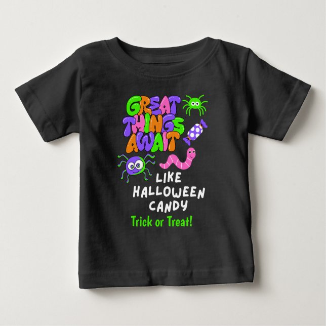 Great Things Await Halloween Candy Kids Shirt (Front)