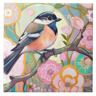 Great Tit Bird Chickadee Pink Flower Floral Ceramic Tile