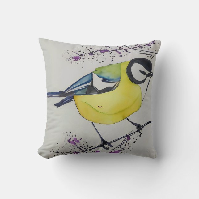Great Tit Bird Drawing, Hand Drawn British Bird Throw Pillow (Front)