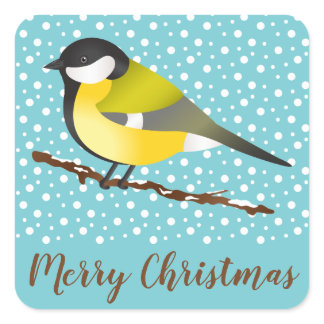 Great Tit Bird Snowing Blue Winter Merry Christmas Square Sticker