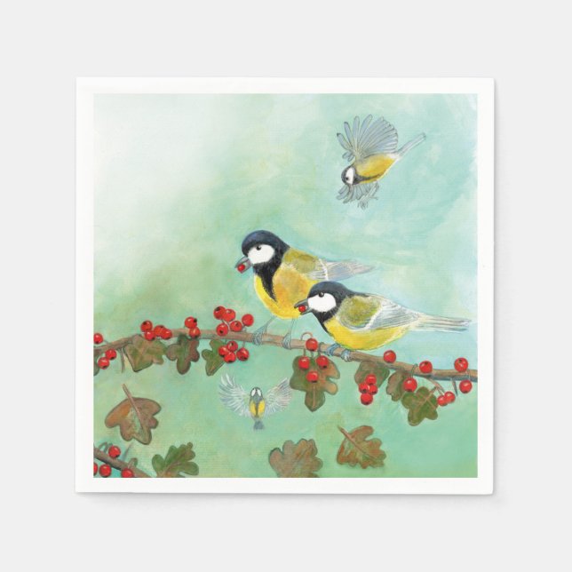 Great Tit Birds & Hawthorn Red Berries    Napkins (Front)