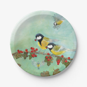 Great Tit Birds & Hawthorn Red Berries Paper Plates