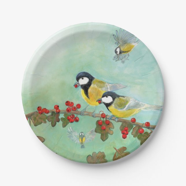 Great Tit Birds & Hawthorn Red Berries   Paper Plates (Front)