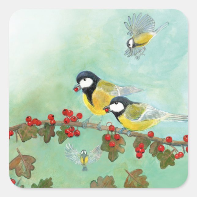 Great Tit Birds & Hawthorn Red Berries   Square Sticker (Front)