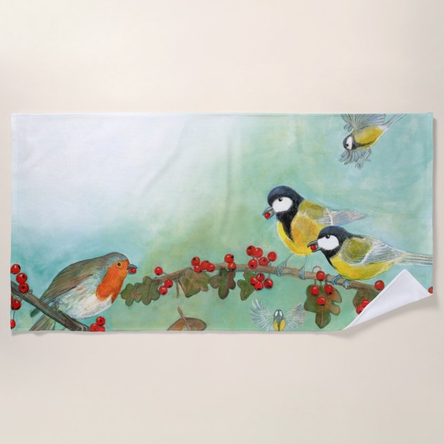 Great Tit Birds, Red Robin & Hawthorn Berries   Beach Towel (Front)