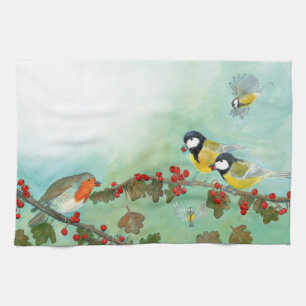 Great Tit Birds, Red Robin & Hawthorn Berries   Kitchen Towel