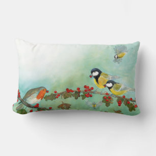 Great Tit Birds, Red Robin & Hawthorn Berries Lumbar Pillow