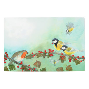 Great Tit Birds, Red Robin & Hawthorn Berries Metal Print