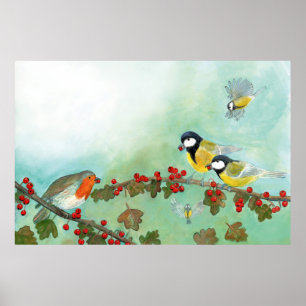 Great Tit Birds, Red Robin & Hawthorn Berries Poster