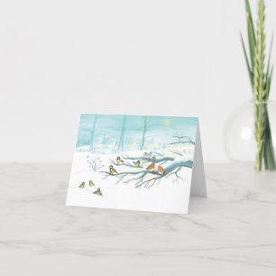 Great Tit Birds, Red Robins & Winter Snowy Forest Holiday Card