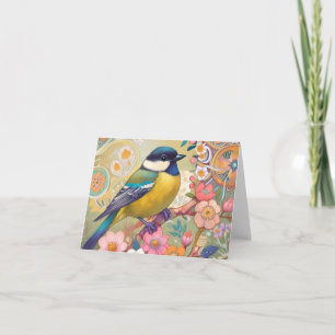 Great Tit Chickadee Bird Colorful Floral Flowers Card