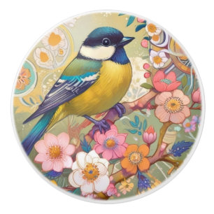 Great Tit Chickadee Bird Colorful Floral Flowers Ceramic Knob