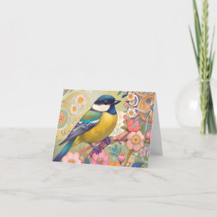 Great Tit Chickadee Bird Colorful Floral Flowers Letterpress Thank You Card