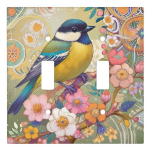 Great Tit Chickadee Bird Colorful Floral Flowers Light Switch Cover