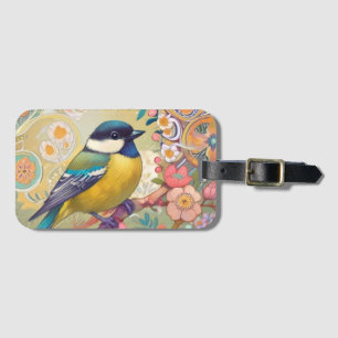 Great Tit Chickadee Bird Colorful Floral Flowers Luggage Tag
