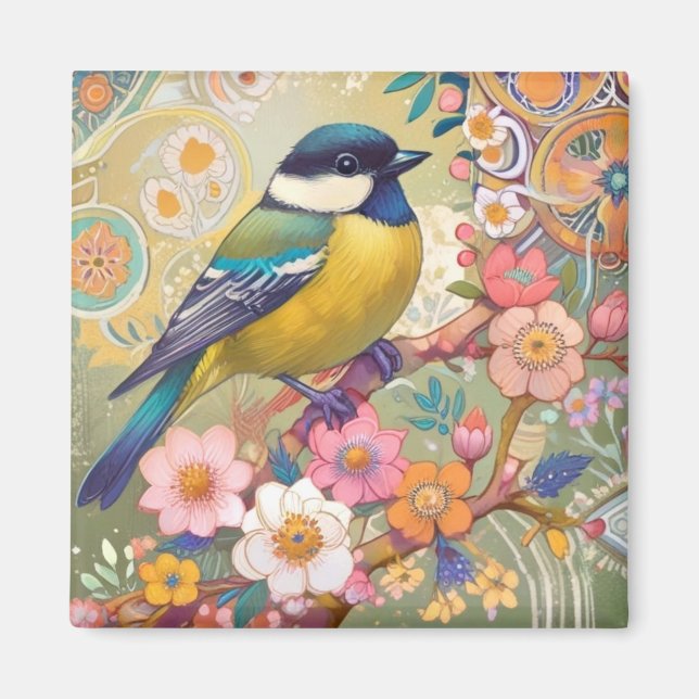 Great Tit Chickadee Bird Colorful Floral Flowers Magnet (Front)