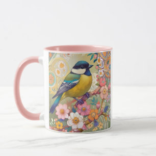 Great Tit Chickadee Bird Colorful Floral Flowers Mug