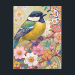 Great Tit Chickadee Bird Colorful Floral Flowers Postcard<br><div class="desc">"cute great tit bird art",  "yellow perched on branch",  "pink flower spring blossoms",  "chickadee floral flowers blossom",  "pretty beautiful decorative sakura",  "contemporary gustav klimt inspired",  "colorful art deco nouveau",  "modern blue pastel ornamental",  "arty botanical asian oriental",  "vibrant multicolor rainbow wildlife"</div>