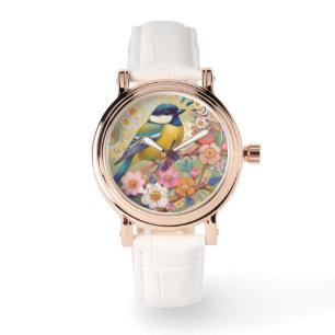 Great Tit Chickadee Bird Colorful Floral Flowers Watch