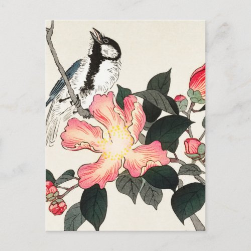 Great Tit on Branch with Pink Flowers Painting Postcard