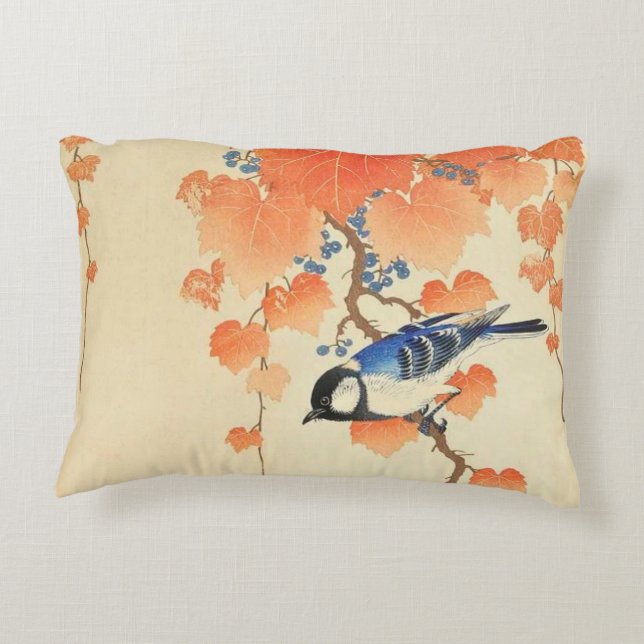 Great tit on paulownia branch - Ohara Koson Accent Pillow (Back)