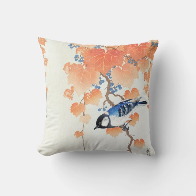 Great tit on paulownia branch - Ohara Koson - Art Throw Pillow (Front)
