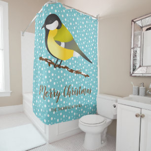 Great Tit Parus Major Custom Family Name Christmas Shower Curtain