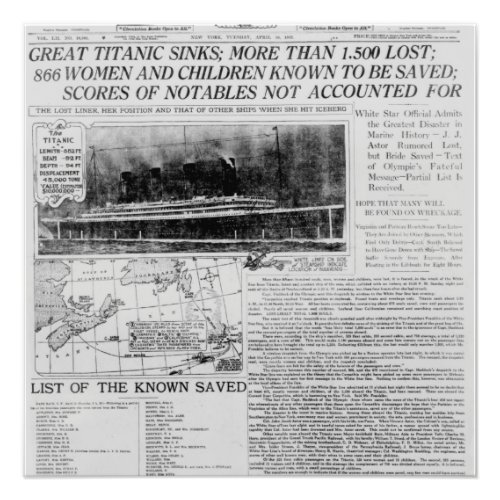 Great Titanic Sinks Vintage Newspaper Headlines J Photo Print