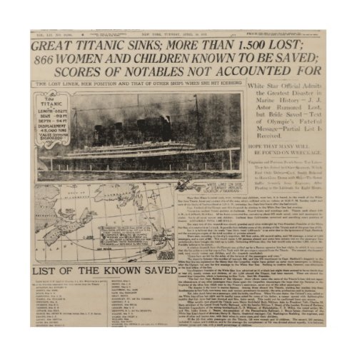Great Titanic Sinks Vintage Newspaper Headlines J Wood Wall Art