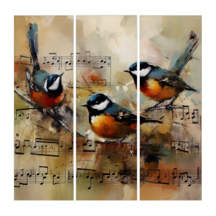 Great Titmouse bird painted on partiture Triptych