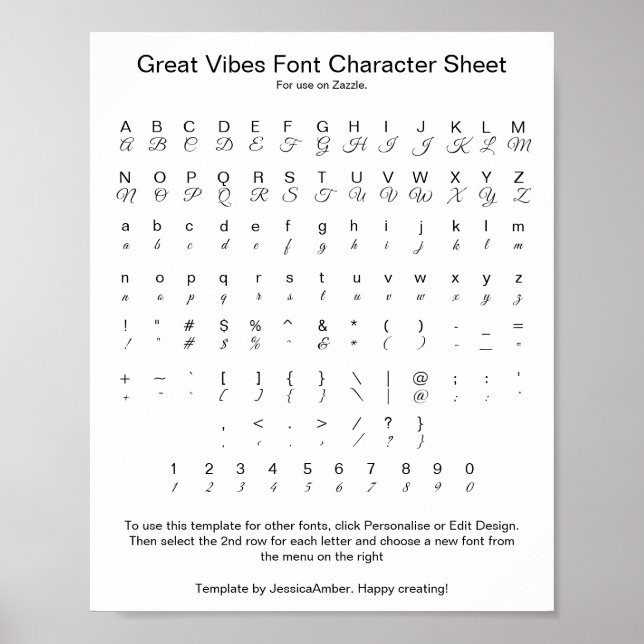 Great Vibes Font Character Sheet for Zazzle Poster (Front)