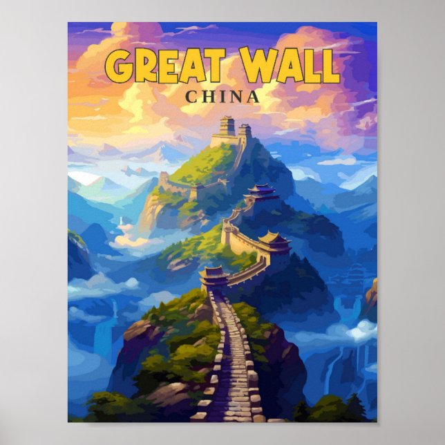 Great Wall China vintage travel illustration Poster (Front)