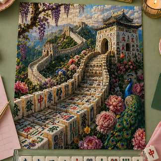 Great Wall Mahjong Tile Scenic Floral Peacock Jigsaw Puzzle