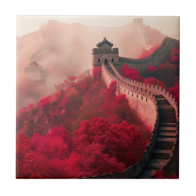 Great Wall of China in Autumn – Scenic Red Ceramic Tile (Front)