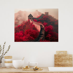 Great Wall of China in Autumn – Scenic Red Poster