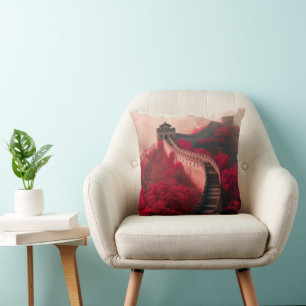 Great Wall of China in Autumn – Scenic Red Throw Pillow